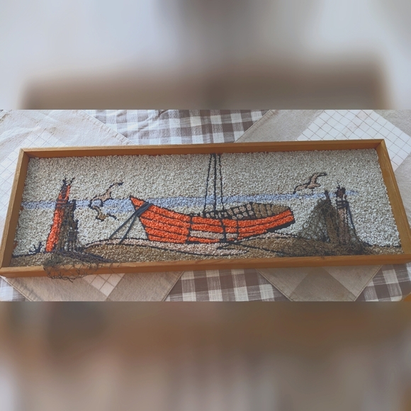 MCM 1960s Mosaic Pebble ArtSailboat & Seagulls – Framed Wall Hanging Rare Find